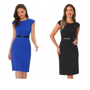 INSPIRE CHIC Women's Elegant Business Round Neck Belted Cap Sleeve Work Sheath Dresses 2 Packs - 1 of 4