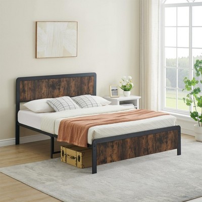 Queen Size Bed Frame with Wave Wood Headboard,Rustic Brown/Gray