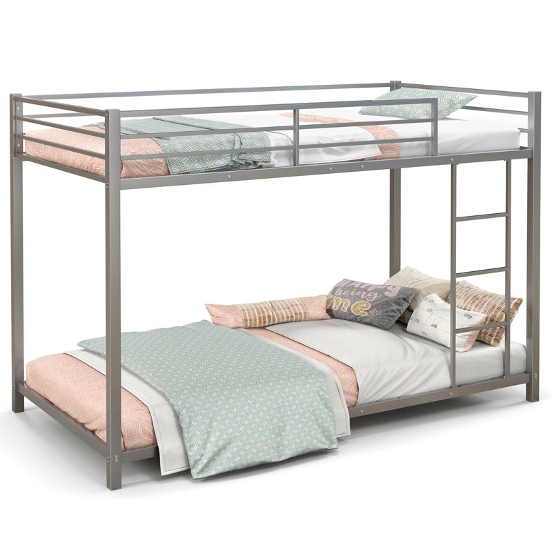 Tangkula Metal Bunk Bed Twin over Twin Low-Profile Bunk Bed Frame with Full Length Guardrail & Ladder Space-saving Twin Size Bed Black/Sliver/White, 1 of 8
