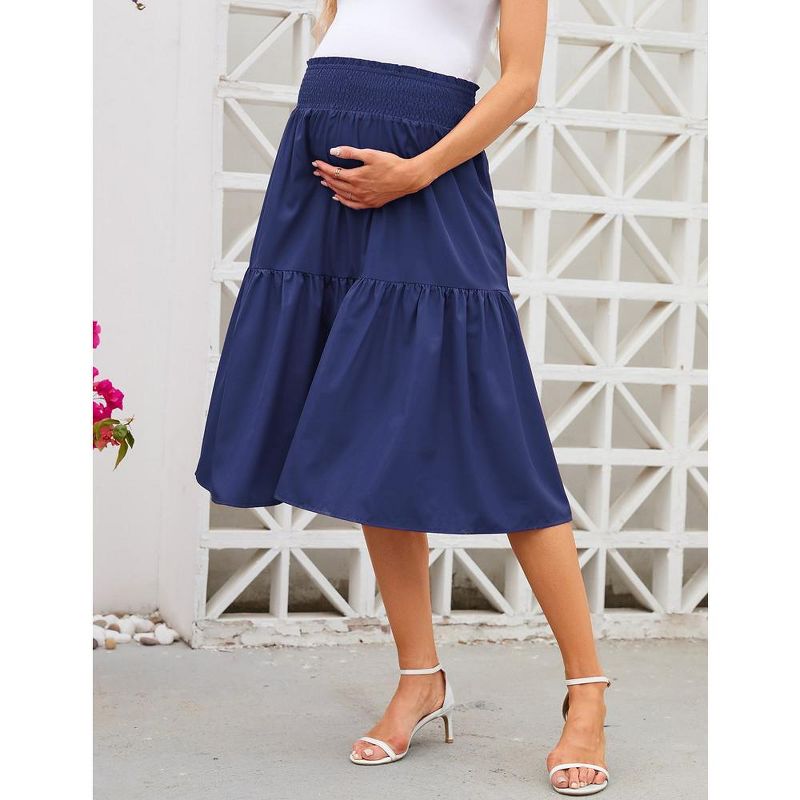 Women's High Elastic Empire Waist Maternity Skirt Summer Casual Floral Pleated Swing A Line Flowy Midi Skirts with Pockets, 2 of 9