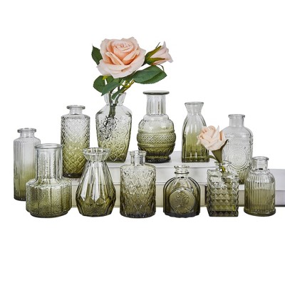 VECELO 12-Piece Set Round Vintage Glass Vase, Mini Decorative Flower Vase Set for Home & Wedding Decor, Green