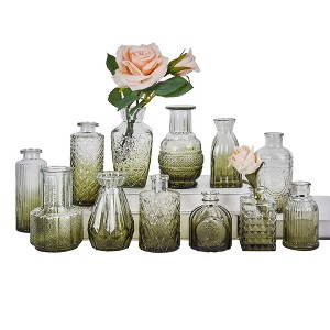 VECELO 12-Piece Set Round Vintage Glass Vase, Mini Decorative Flower Vase Set for Home & Wedding Decor, Green - 1 of 4