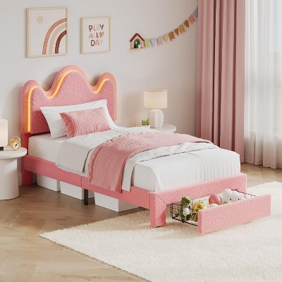 Bed Frame with LED Headboard and Under-Bed Drawer,Metal Upholstered Platform Bed with LED Light for Kids,Lamb Fleece Fabric,No Box Spring Needed