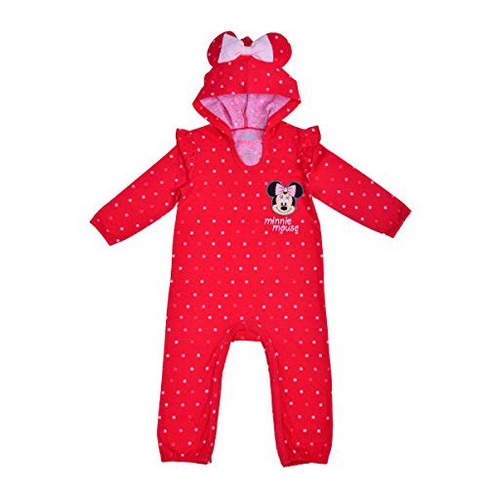 Disney Baby Girl Minnie Mouse Coverall Romper Onesie with Hood and 3D Mouse Ears 