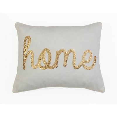 14"x18" Home Sequin Script Faux Linen Throw Pillow Cream/Gold - Decor Therapy
