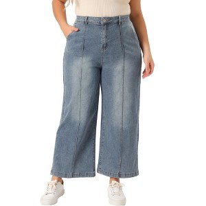 Agnes Orinda Women's Plus Size Wide Leg Baggy Washed Stretch with Pockets Denim Ankle Jeans - 1 of 4