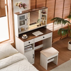 Farmhouse Makeup Vanity Desk with Mirror and Lights,Dressing Table Set with Charging Station and Stool,Drawers,Shelves and Side Cabinet - 1 of 4