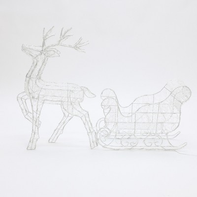 LuxenHome 2-Piece Lighted Reindeer and Sleigh Christmas Yard Decoration, Outdoor Holiday Set with Timer White
