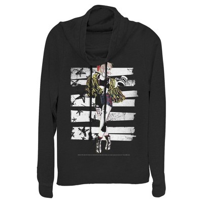 Juniors Womens Birds of Prey Harley Quinn Comic Pose Cowl Neck Sweatshirt