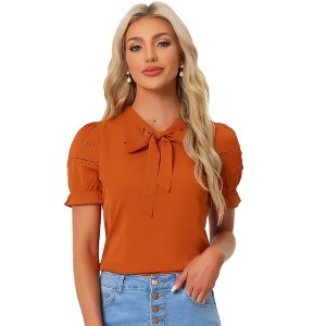 INSPIRE CHIC Women's Bow Tie Collar Elegant Office Short Sleeve Blouse - 1 of 4