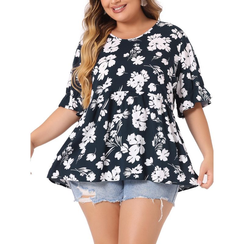 Agnes Orinda Women's Plus Size V Neck Floral Tiered Pleated Basic Casual Babydoll Blouses, 2 of 7