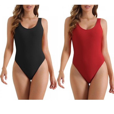 INSPIRE CHIC Women's Solid Scoop Neck Wide Strap Low Back Slimming Monokini Bathing Bikini Suit 2 Sets