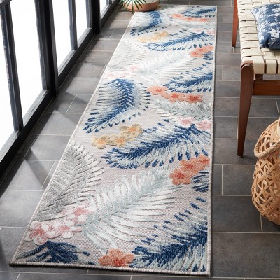 Gray and Navy Floral Synthetic Runner Rug