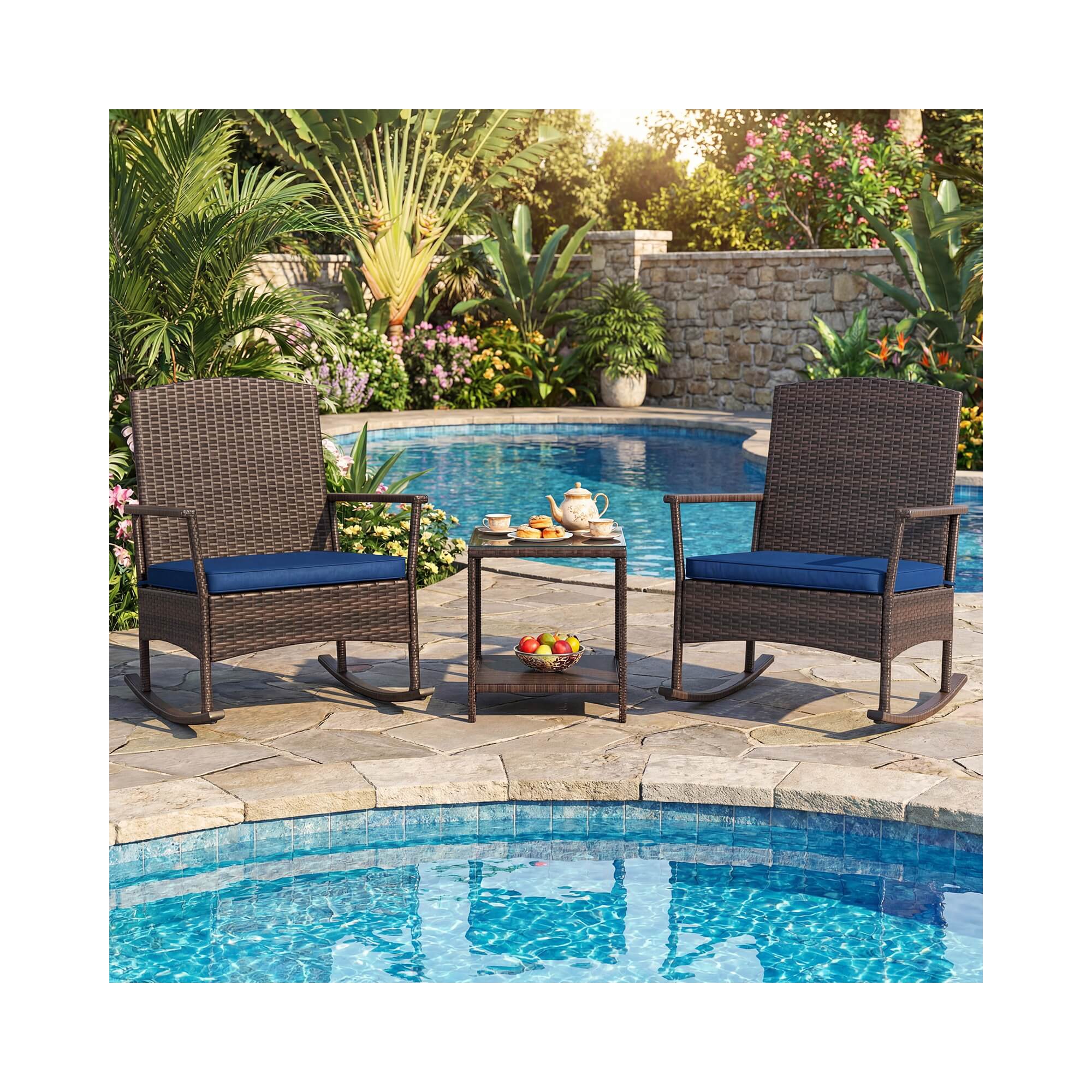 Costway 3 Piece Patio Rocking Bistro Set, 2 Rattan Armchairs with 2-Tier Side Table Mix Brown + Navy