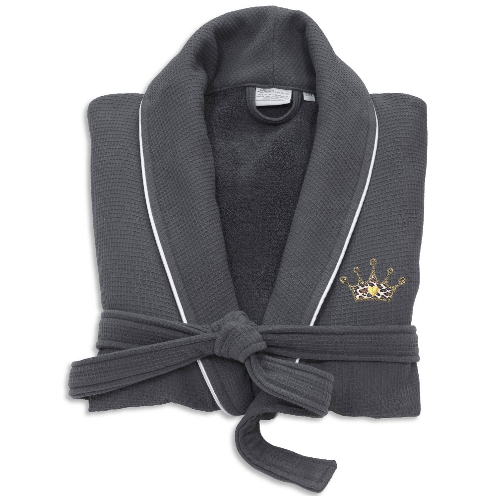 L/XL Waffle Terry Bathrobe with Cheetah Crown Design Gray - Linum Home Textiles