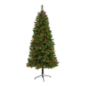 Nearly Natural 7-ft Mixed Pine Artificial Christmas Tree with 350 Clear LED Lights, Pine Cones and Berries - 1 of 4