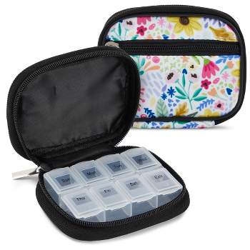 WellBright 2-Pack 7-Day Weekly Medication Pill Organizer, Plastic 8-Compartment Medicine Travel Case, 2.7x4x1 in, Floral Print