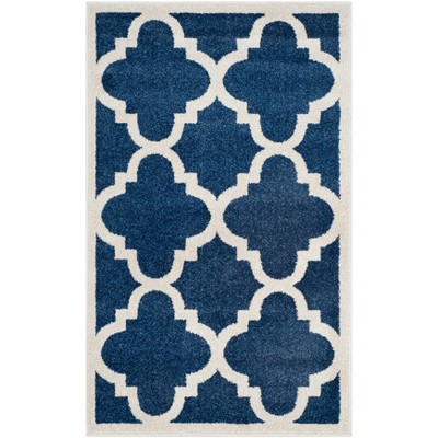 Navy and Beige Geometric Hand-Knotted Accent Rug 30" x 4"