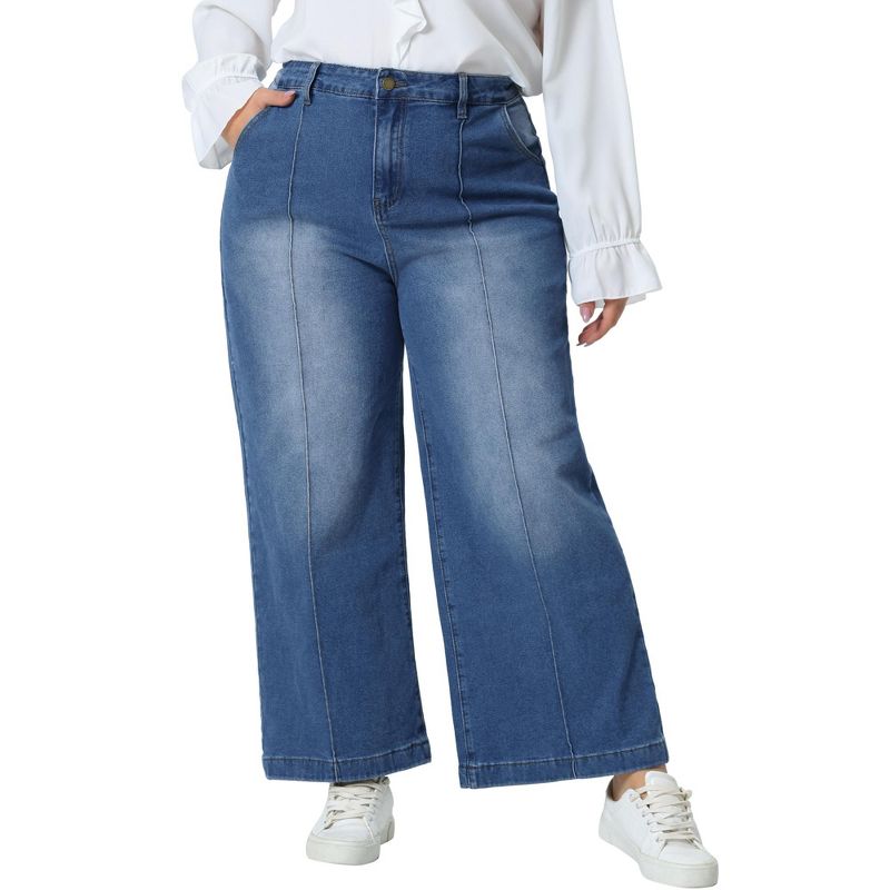 Agnes Orinda Women's Plus Size Wide Leg Baggy Washed Stretch with Pockets Denim Ankle Jeans, 1 of 6