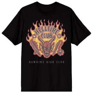 Stranger Things Hellfire Club Demon with Weapons Hawkins High Club on Black Ground Adult Crew Neck Short Sleeve T-shirt - 1 of 4