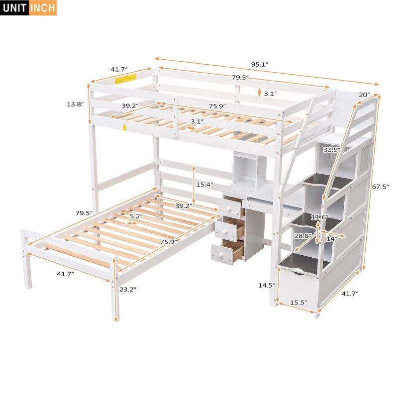 Twin Size Loft Bed with Separate Bed, Staircase for Storage, Desk, Shelves and Drawers - ModernLuxe, 3 of 12