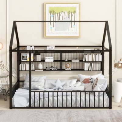 Twin Size Metal Bed Frame with House Design, Fence Detailing, and Storage Shelves