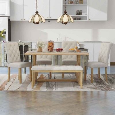 6 PCS Retro Dining Set, Rectangular Dining Table with MDF Tabletop, Upholstered Chairs and Bench with LVL Frame and Cushion-Cuddlewood