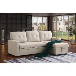 Linen-Textured L-Shaped Sectional Sofa with Tufted Seat Cushions, Pull-Out Sleeper, Storage Ottoman, and Reversible Chaise - 1 of 4