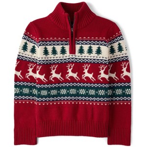 The Children's Place Boys Christmas Long Sleeve Reindeer Fairisle Quarter Zip Sweater - 1 of 2