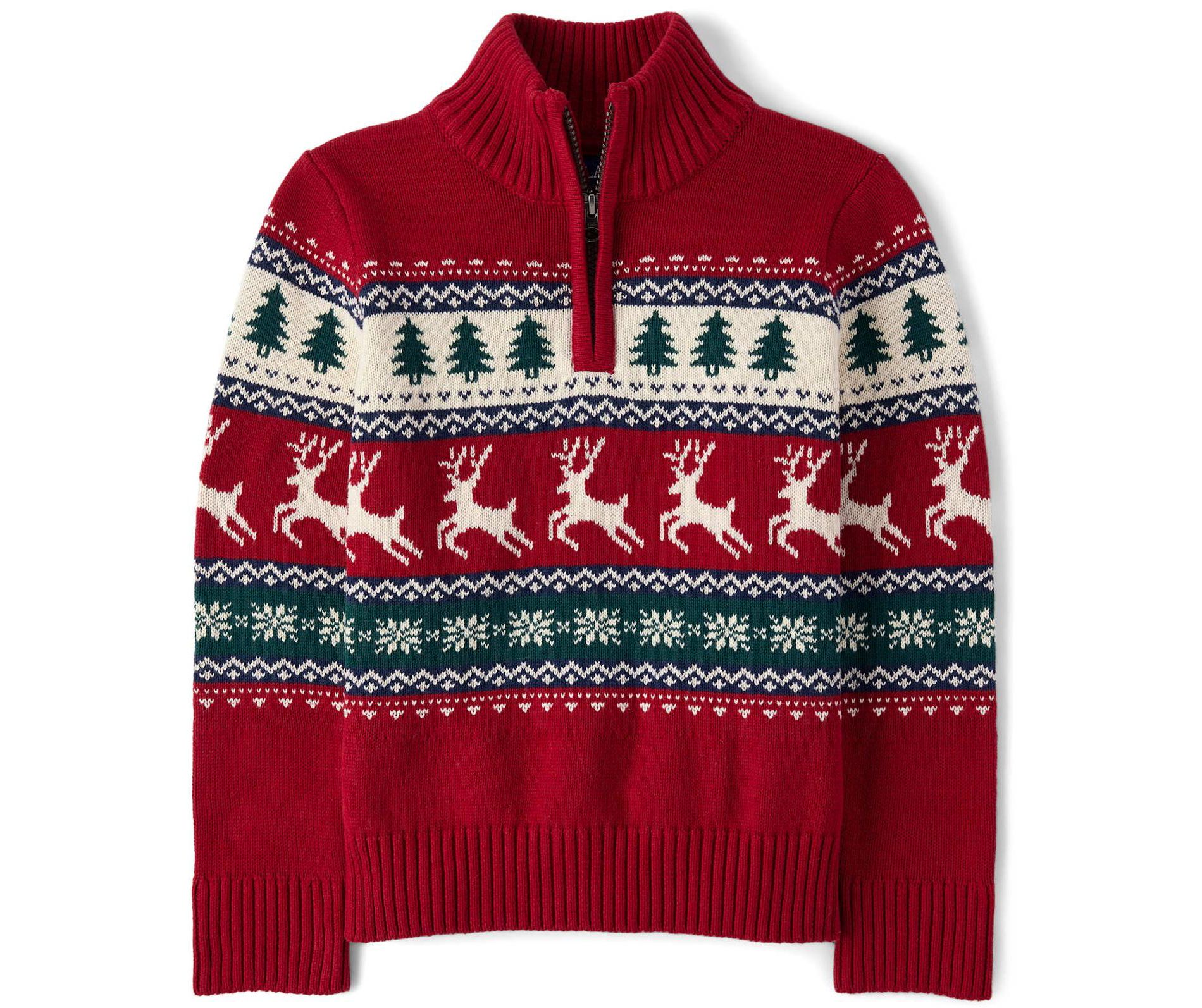 The Children's Place Boys Christmas Long Sleeve Reindeer Fairisle Quarter Zip Sweater