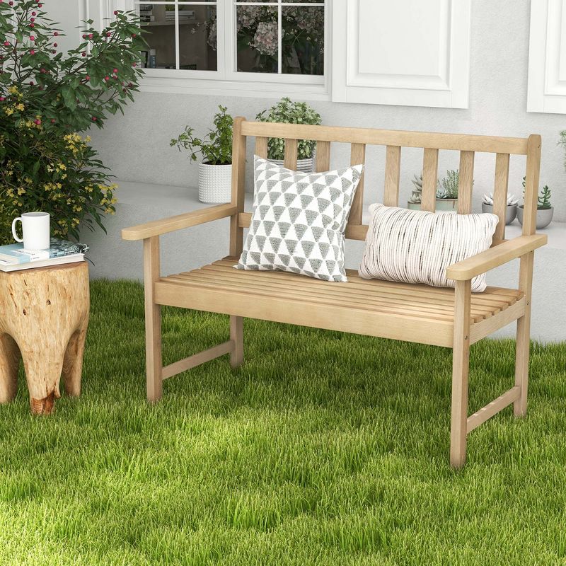 Costway Indonesia Teak Wood Garden Bench 2-Person Patio Bench with Backrest & Armrests Natural, 4 of 10