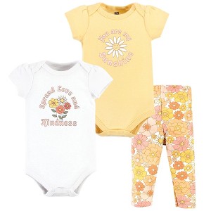 Hudson Baby Infant Girl Cotton Bodysuit and Pant Set, Peace Love Flowers Short Sleeve - 1 of 4