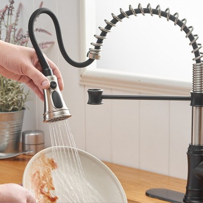 Brushed Nickel and Black Pull-Down Kitchen Faucet with Deck Plate