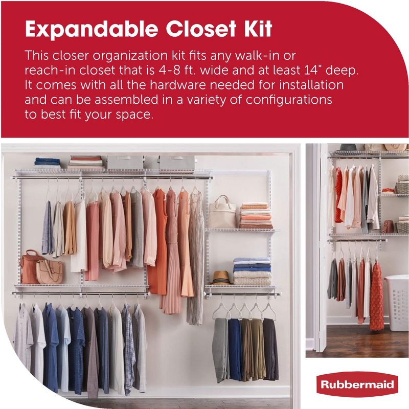Rubbermaid Configurations Classic Custom 4 Foot to 8 Foot Wide Walk In or Reach In Closet Shelving and Hanging Storage Solution Kit, 2 of 7