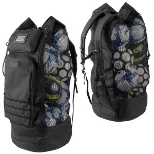 Heavy Duty XL Soccer Mesh Equipment Ball Bag w/Adjustable Backpack Shoulder Strap Design for Coach. 2 Different Size Front Pockets - 1 of 4