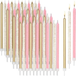 Blue Panda 48 Pack Metallic Glitter Long Thin Birthday Cake Candles in Holders, Birthday Party Decoration Celebration Supplies, 5" - 1 of 4