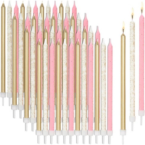 Blue Panda 48 Pack Metallic Glitter Long Thin Birthday Cake Candles in Holders, Birthday Party Decoration Celebration Supplies, 5" - image 1 of 4