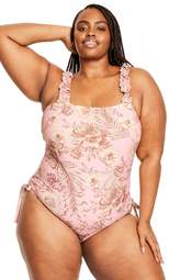 Women's Romantic Floral Print Flutter Sleeve Medium Coverage One Piece Swimsuit - Agua Bendita x Target Blush