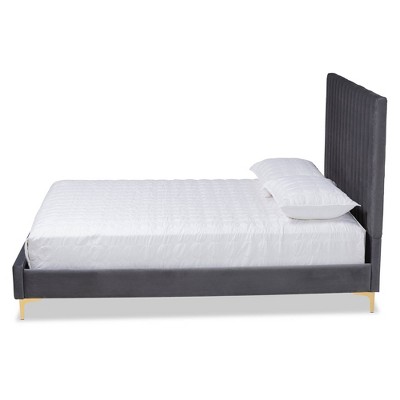 Serrano Full Size Grey Velvet Upholstered Platform Bed with Gold Legs