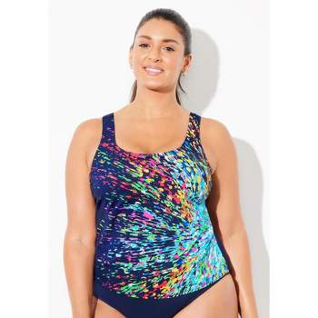 Swimsuits for All Women’s Plus Size Side Tie Blouson Tankini Top, 14 -  Purple Blue Waves