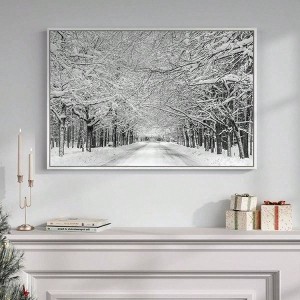 Winter Decor Framed Landscape Wall Art - Snowy Forest Road Scene Canvas Art Prints, Modern Minimalist Black and White 24x36 In - 1 of 4
