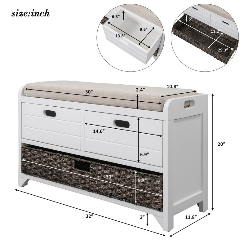 Entryway Storage Bench with Removable Basket and 2 Drawers, Fully Assembled Shoe Bench with Removable Cushion-ModernLuxe, 3 of 11