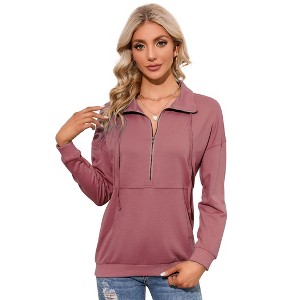 Coolmee Women's Casual Long Sleeve Lapel Zipper Sweatshirt Drawstring Loose Pullover Tops - 1 of 4