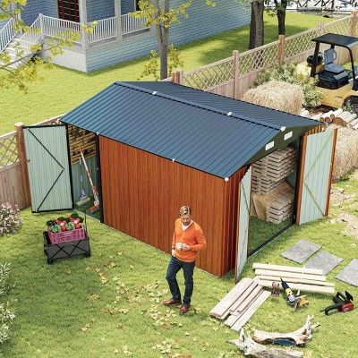 9×11 FT Metal Storage Shed with 3 Lockable Doors and 4 Vents, Outdoor Utility Garden Tool Shed, Steel Waterproof Backyard Storage Shed-Coolbibila