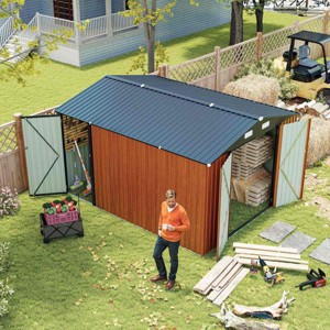 9×11 FT Metal Storage Shed with 3 Lockable Doors and 4 Vents, Outdoor Utility Garden Tool Shed, Steel Waterproof Backyard Storage Shed-Coolbibila - 1 of 4