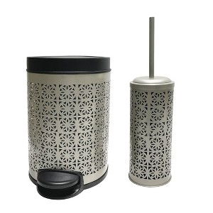 Laser Cut Pewter Step Garbage Trash Can & Toilet Brush Holder with Lid Pewter - Nu Steel - 1 of 4