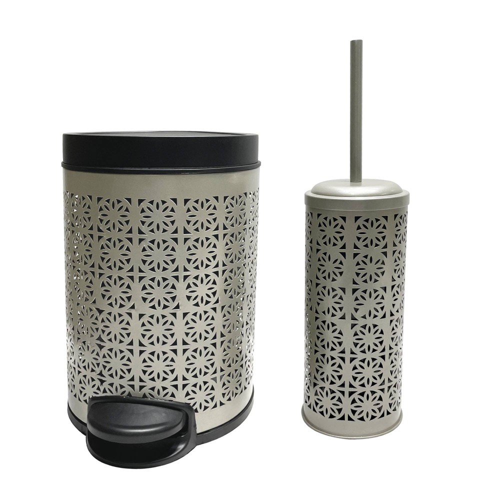 Photos - Waste Bin Laser Cut Pewter Step Garbage Trash Can & Toilet Brush Holder with Lid Pew