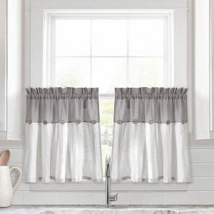 Lush Décor Linen Button Kitchen Tier Window Curtain Panels White/Gray 29X24+2 Set - 1 of 4