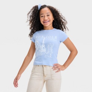 Girls' Bonjour Graphic T-Shirt - Blue - 1 of 4