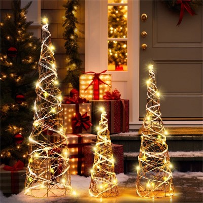 Angel Sar Set of 3 Pre-Lit Christmas Cone Trees, 60 Warm White LEDs, 32"/24"/16" Rattan Tabletop Decor, Brown